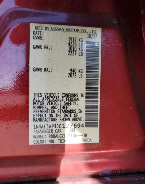 2018 Nissan Altima 2.5 z USA, uszkodzony, nr VIN 1N4AL3AP3JC127694